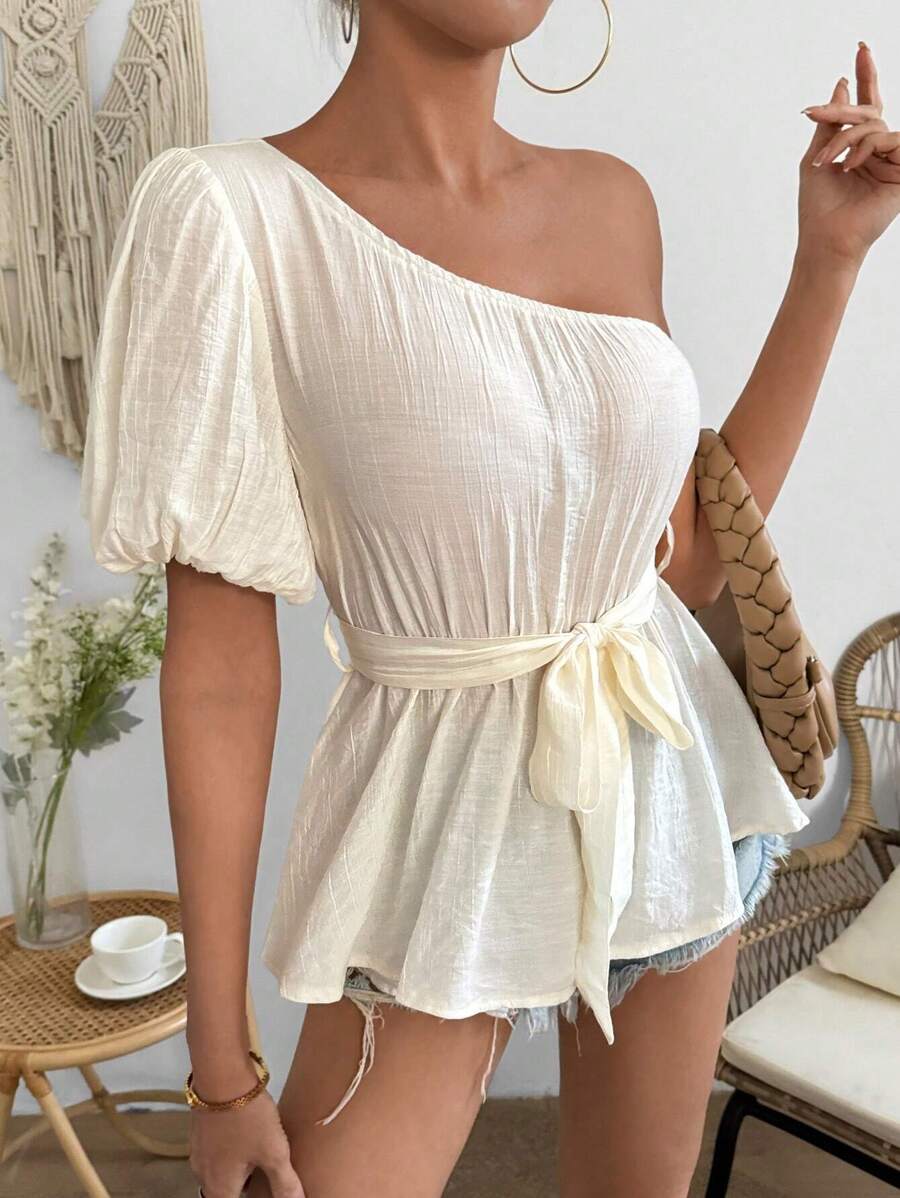 Breezaya Áo Peplum tay ngắn phồng một bên vai có thắt lưng - Màu be - Xem 1