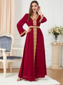 拼色刺绣贴花 V 领长袖连衣裙，简约长袍 - 紅色 - 查看 1