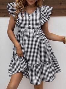 SHEIN Maternity Plaid Ruffle Hem Dress - Black and White - View 3