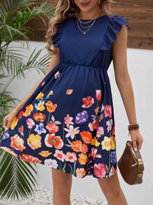 SHEIN Maternity Flower Print Ruffle Hem Nursing Dress - Navy Blue - View 3