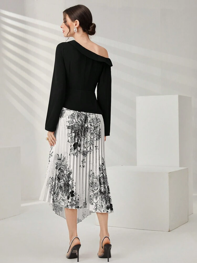 Women'S Plant Printed Pleated Dress Long Evening Dresses Fall Cloth For Women