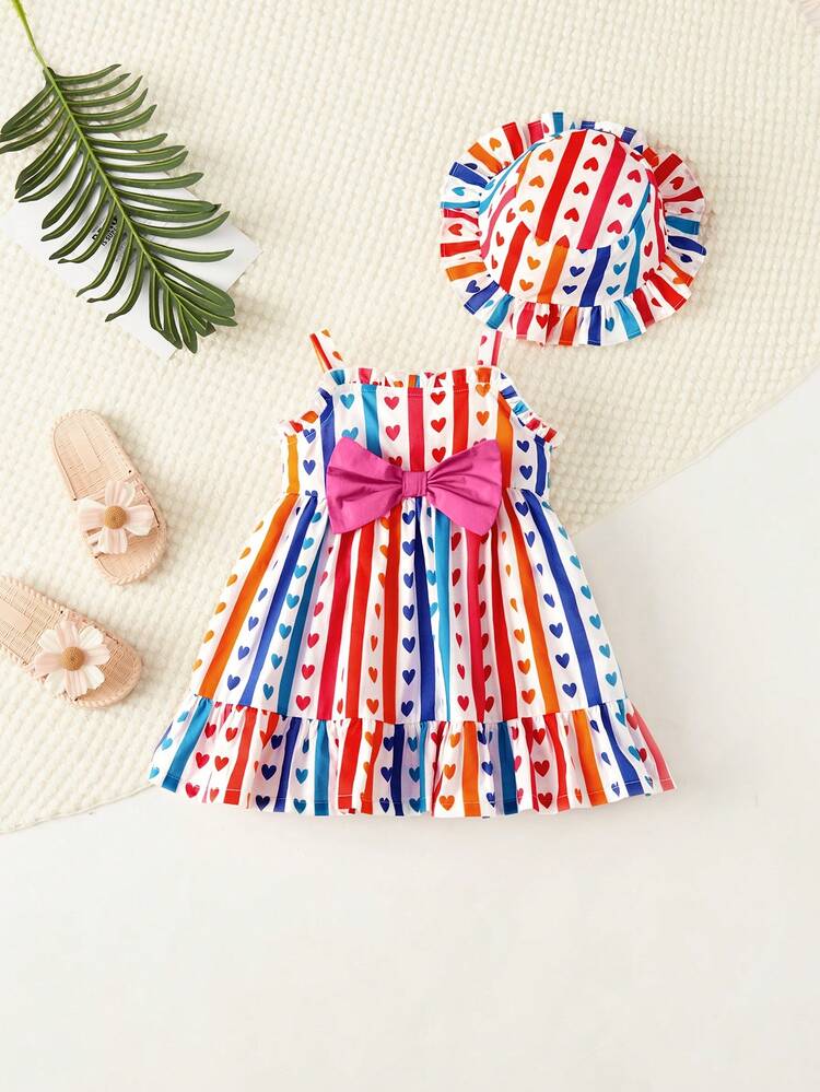 Baby Girls' Casual Heart Striped Patterened Sundress With Hat Set