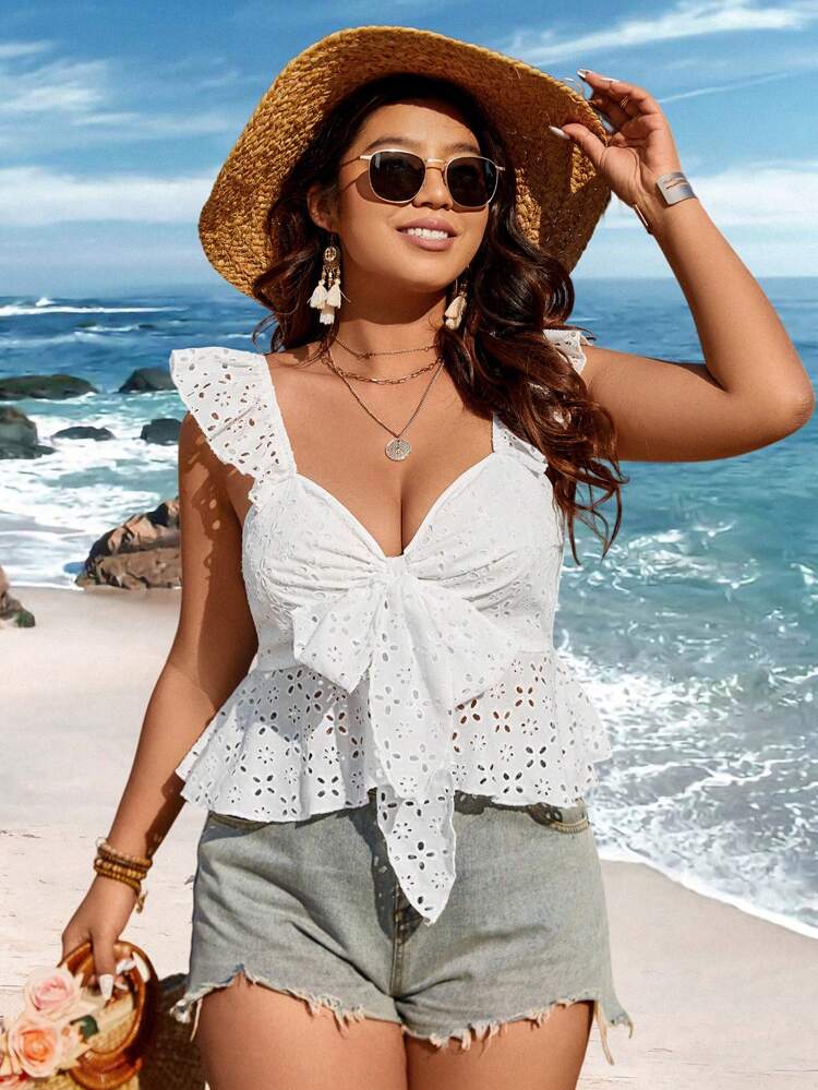 Plus Size Women's Cap Sleeve Hollow Out Top