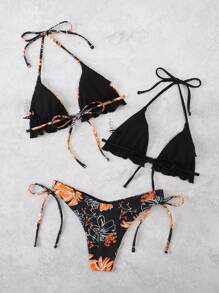 SHEIN Swim Summer Beach 3pcs/Set Floral Print Separable Bikini Set - Orange - View 2