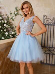 Lovelzi Gorgeous 3d Beaded Embroidery & Sheer Mesh Contrast Women's Cocktail Party Dress Elegant Prom Semi Formal Wedding Guest Dress, For Birthday, Graduation, Homecoming