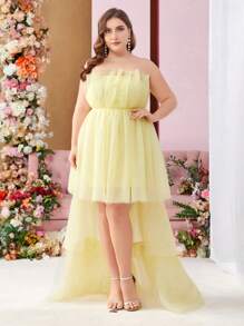 SHEIN Belle Plus Size Women's Mesh Tutu Dress With High-Low Hemline For Evening Party Dress - Yellow - View 2
