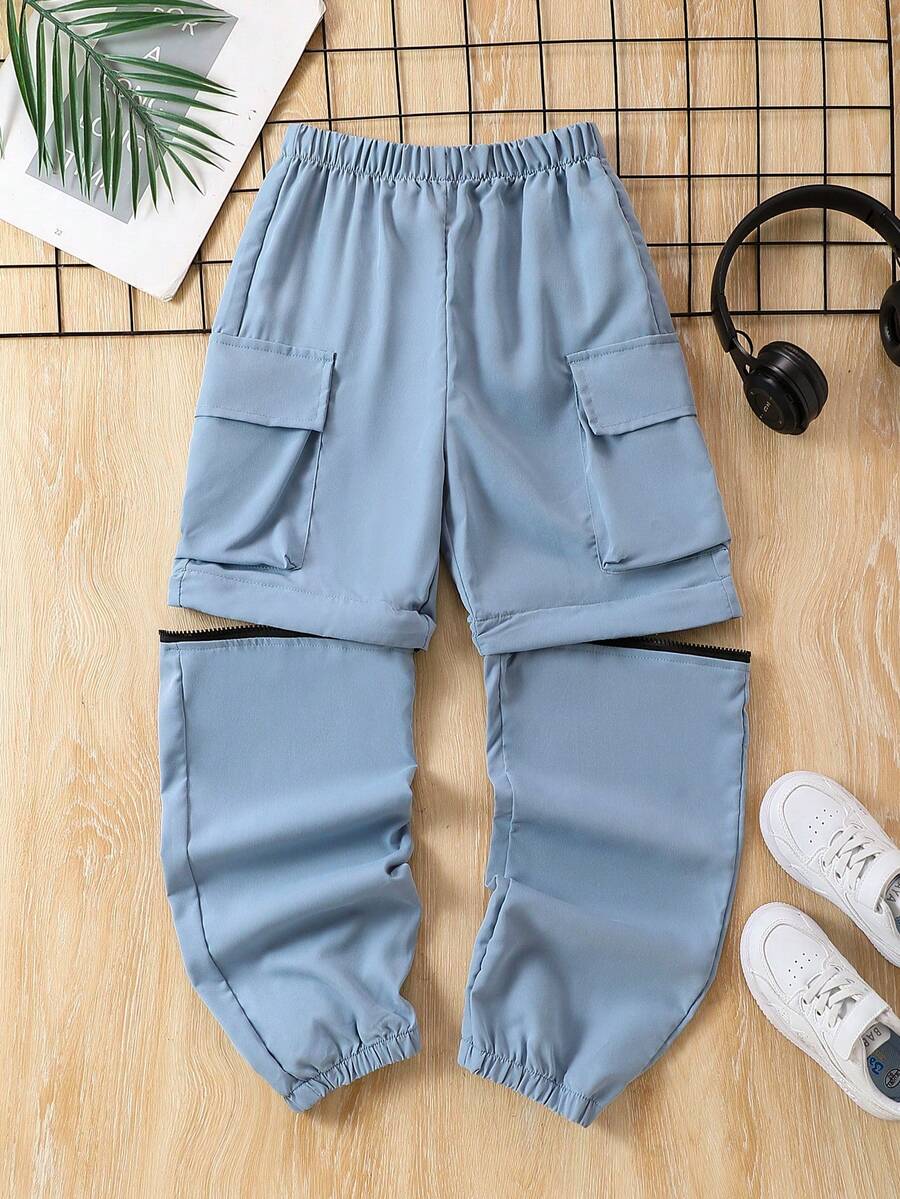 SHEIN 青春期男孩彈性腰口貨物褲 - 霧霾藍 - 查看 1