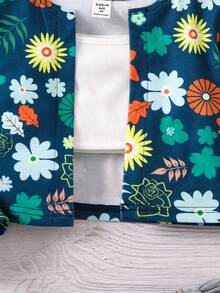 SHEIN Young Girls' Casual Floral Vacation Style Short Open Jacket For Spring And Autumn - Navy Blue - View 5