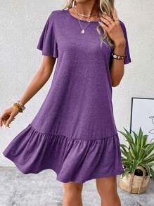 SHEIN LUNE Women's Casual Ruffle Hem Dress,Lavender Dress