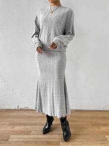 SHEIN Essnce 立領長袖羅紋針織上衣裙套裝 - 灰色 - 查看 4