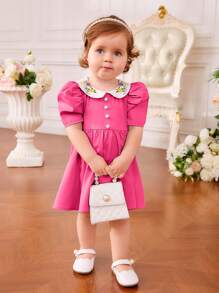 SHEIN Fern Glow  Baby Girl Elegant Embroidered Bubble Sleeve Dress - Hot Pink - View 6