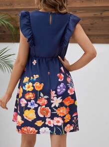 SHEIN Maternity Flower Print Ruffle Hem Nursing Dress - Navy Blue - View 2