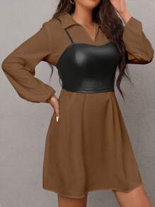 SHEIN Essnce 2pcs/Set Women's Camisole & Shirt Dress - Brown - View 5