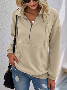 SHEIN LUNE Một nửa khóa kéo Túi kangaroo Thả vai Dây rút Áo nỉ - Màu be - Xem 4