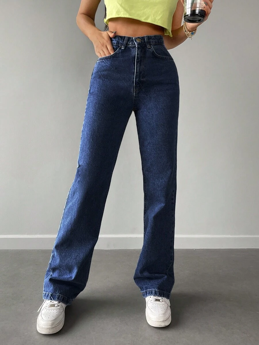 EURMUSE Solid Straight Leg Jeans - Medium Wash - View 1