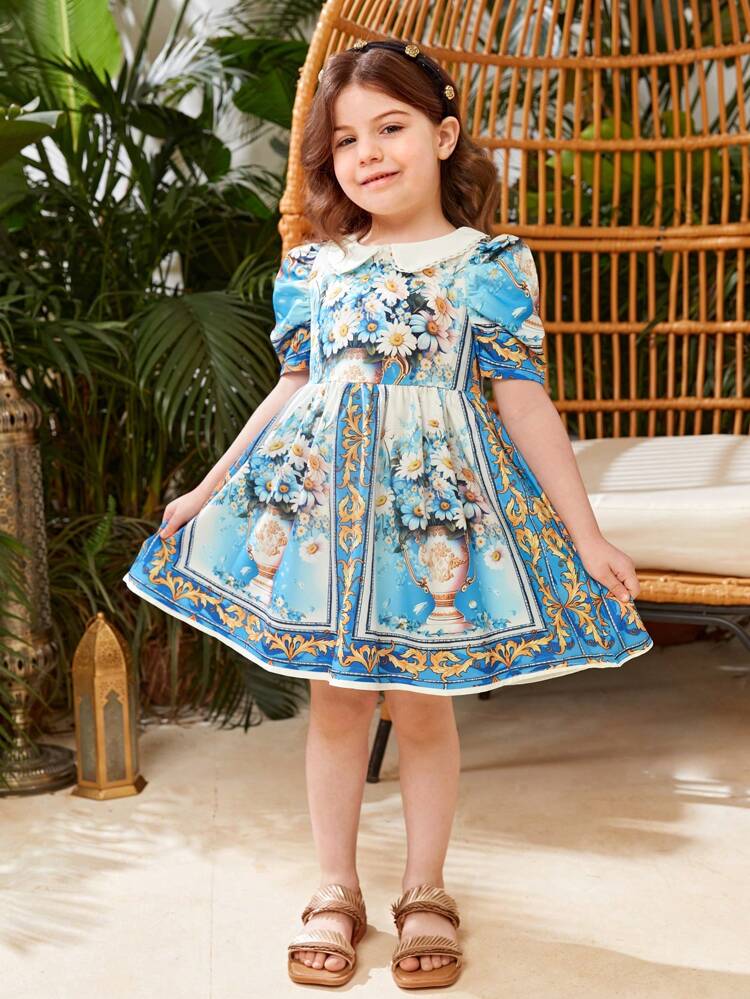 Little Girls' Baroque Printed Puff Sleeve Dress