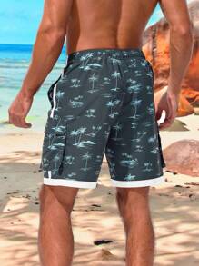 Surfspeed Men's Coconut Tree Print Drawstring Beach Shorts - Dark Grey - View 2
