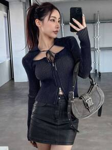 DAZY Stretchy Long Sleeve Tie Waist Zip Up Hollow Out Cardigan For Women,Long Sleeve Tops,Fall Clothes - Blue - View 1