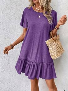 SHEIN LUNE Women's Casual Ruffle Hem Dress,Lavender Dress