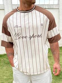 Manfinity Homme Men's Plus Size Letter & Stripe Pattern Drop Shoulder T-Shirt - Multicolor - View 4