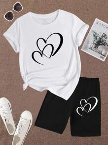 SHEIN 女性心形印花上衣和短褲套裝 - 黑與白 - 查看 4