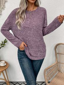 SHEIN LUNE Purple Round Neck Long Sleeve T-Shirt - Purple - View 6