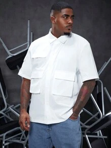 Manfinity Homme Men's Plus Size Short Sleeve Shirt With Multiple Pockets - White - View 3