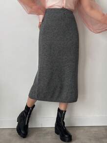 FRIFUL Designer 女士纯色休闲针织缎带束带裙 - 灰色 - 查看 1