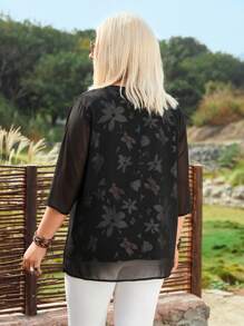 EMERY ROSE 大尺碼花卉印花拼接2合1襯衫 - 黑色 - 查看 2