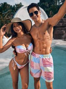 Manfinity VDAYZ Men's Plaid Drawstring Waist Swim Trunks - Red and White - View 8