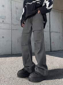 ROMWE MEN Street Life 男士有口袋工裝褲 - 灰色 - 查看 1