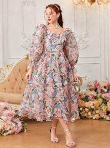 SHEIN 少女蕾絲花朵裝飾愛心領波浪邊長袖雪紡連衣裙