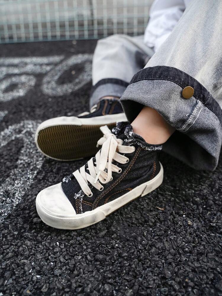 Street Style Skateboard Fashion Personalized Washed Denim High Top Canvas Sneakers, Sport Shoes