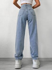 SHEIN PETITE High Waist Straight Leg Jeans - Medium Wash - View 2