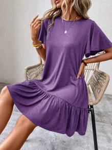 SHEIN LUNE Women's Casual Ruffle Hem Dress,Lavender Dress