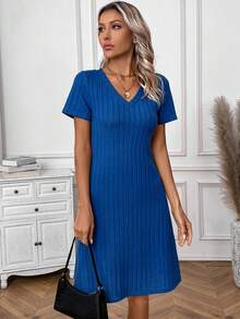 SHEIN LUNE Của phụ nữ Màu thuần Đồ đan Ribbed Đầm Áo len - Màu xanh lam - Xem 4