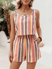SHEIN VCAY SHEIN Của phụ nữ Sọc Không lưng Áo ba lỗ Và Quần short NỮ Hai chiếc Bộ , Hoàn hảo Đối với Kỳ nghỉ Mùa Xuân Mùa hè Quần áo - Nhiều màu - Xem 4