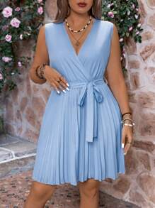Rometta Plus Size Solid Color Pleated Hem Wrap Dress With Waist Belt - Blue - View 1