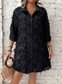 EMERY ROSE 女士大尺碼釦前開衫邊緣裝飾連衣裙 - 黑色 - 查看 1