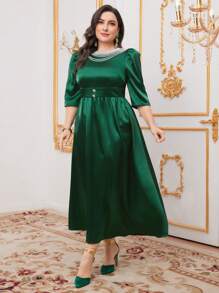 Modelyn Vestido largo de fiesta con decoración de cadena con cuentas y mangas abullonadas para talla grande