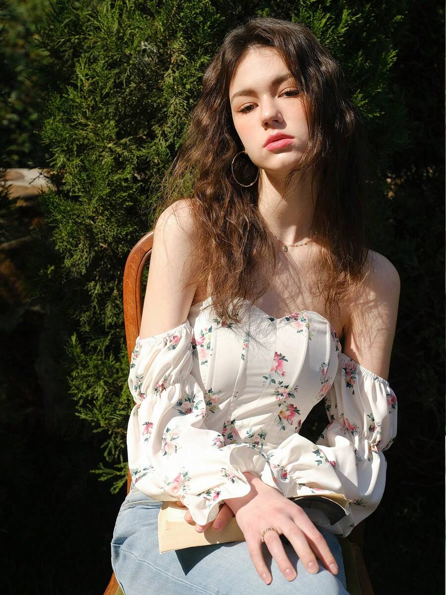Women's Off Shoulder Floral Print Blouse - White - View 1