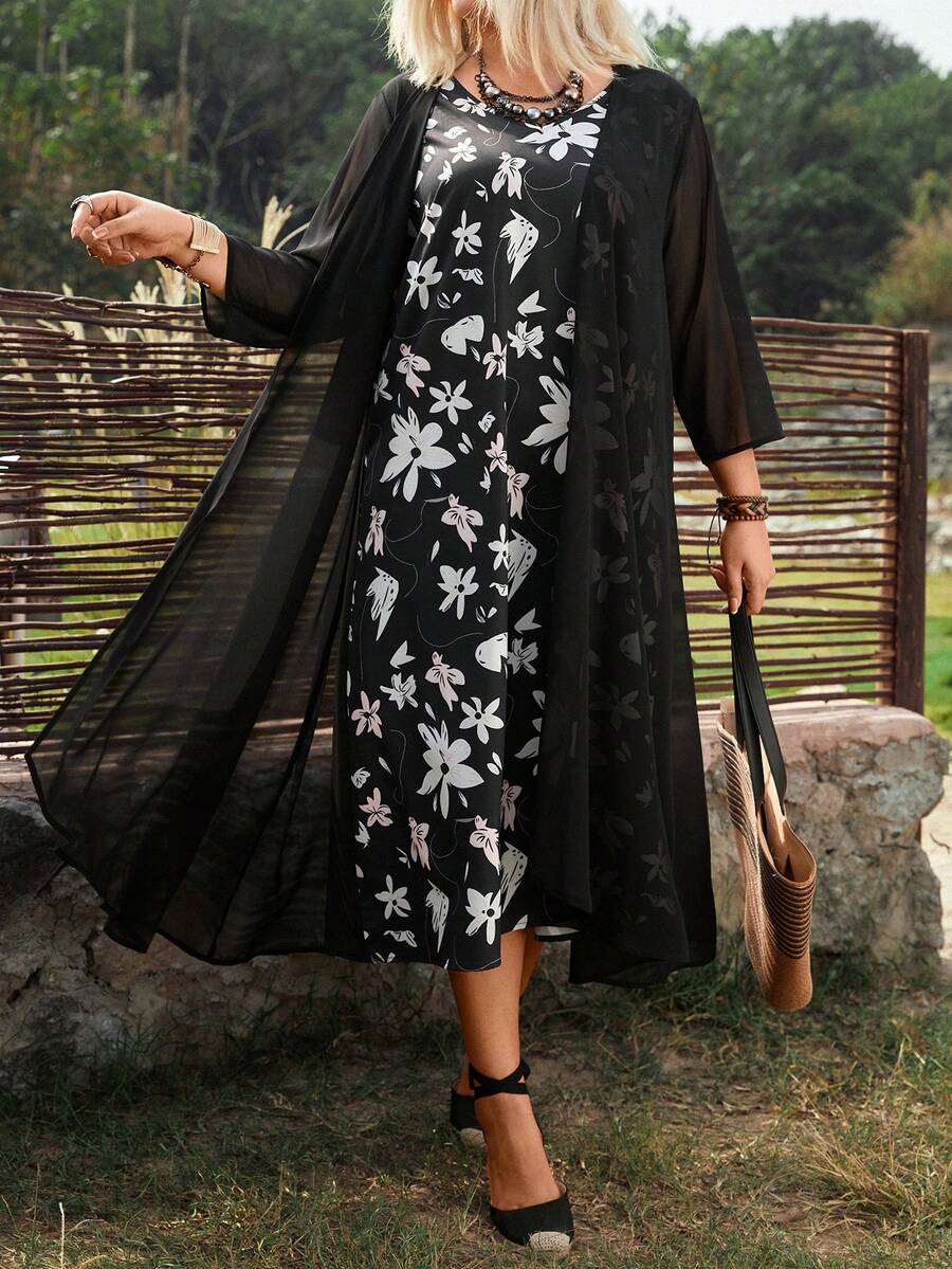 Plus Size Women'S Floral Printed Dress - Black - View 1