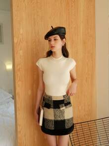 Short Sleeve Tight Knit Top Base Shirt - Apricot - View 5