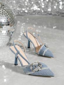 闪亮水钻扣带，白色流苏尖头派对/婚礼晚礼服细高跟鞋，香槟色裸粉色浅蓝色，银白色宝石奢华迷人性感甜美露背高跟凉鞋 - 淺藍色 - 查看 2
