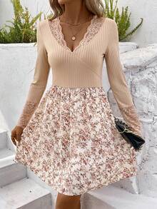 SHEIN LUNE 女式拼布蕾絲碎花連身裙 - 杏色 - 查看 5