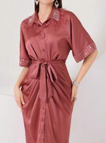 Modelyn Women's Rhinestone Button Plaid Patchwork Fleece Hem Cardigan Dress Long Evening Dresses - Pink - View 6