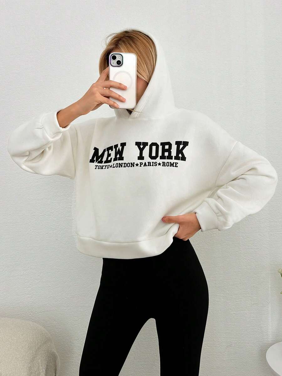 EURMUSE Slogan Graphic Drop Shoulder Hoodie - White - View 1