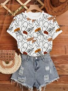 SHEIN LUNE Kích thước lớn Mặt In Ngắn tay Áo thun - trắng - Xem 3