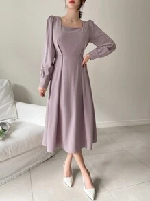 DAZY Của phụ nữ Cổ vuông Ống tay áo Bong bóng Hem Đầm - Màu tím hoa cà - Xem 1