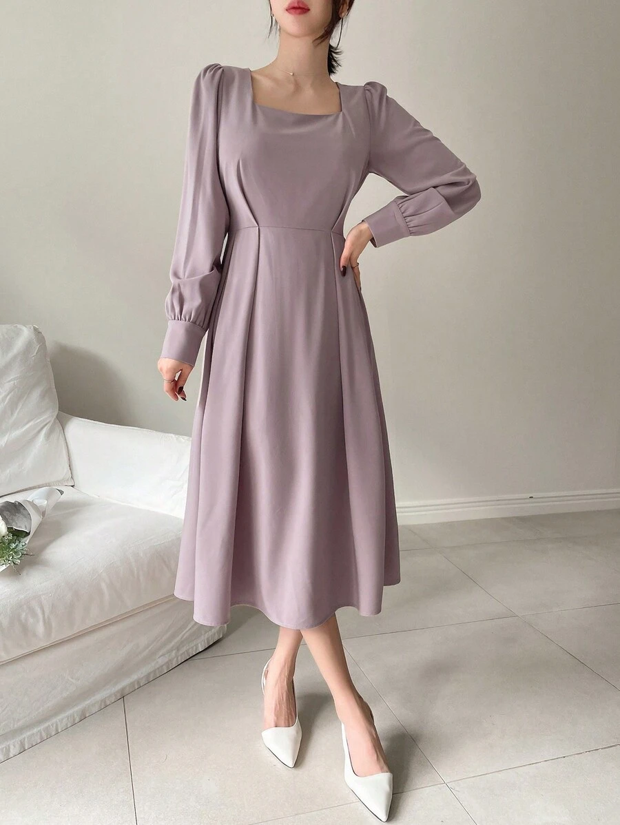 DAZY Của phụ nữ Cổ vuông Ống tay áo Bong bóng Hem Đầm - Màu tím hoa cà - Xem 1